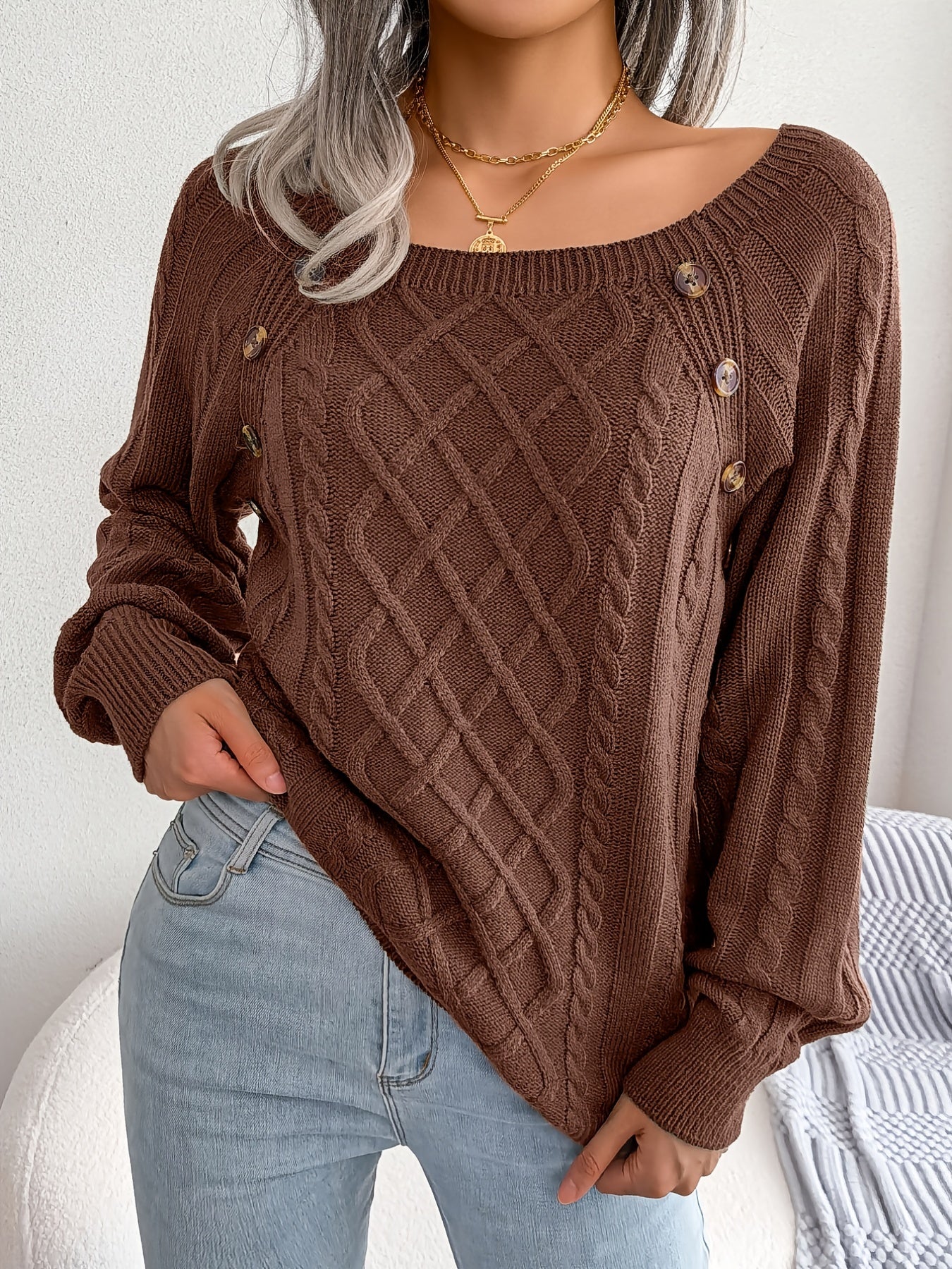 Women’s Textured Lantern Sleeve Sweater – Button Detail Knit Top