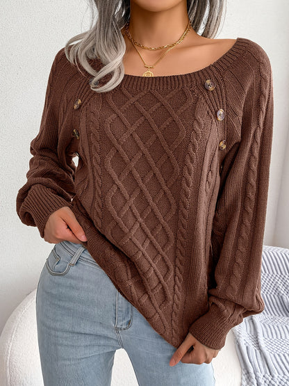 Women’s Textured Lantern Sleeve Sweater – Button Detail Knit Top