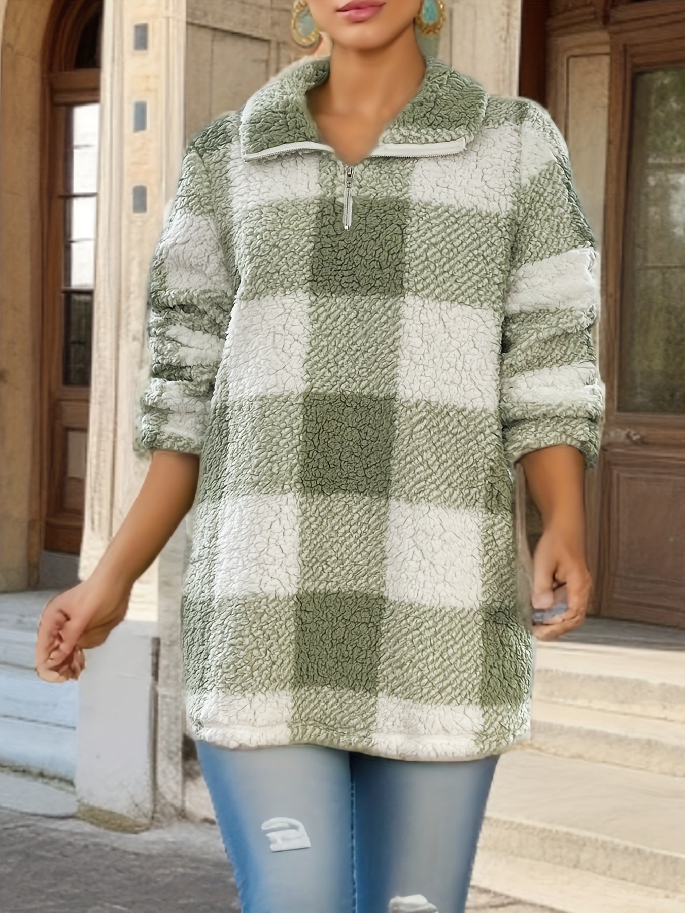 Women’s Plaid Fuzzy High-Neck Sweater – Soft Zipper Knit Pullover