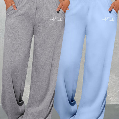 Women’s Geometric Love Print Two-Piece Set – Wide-Leg High-Waist Pants