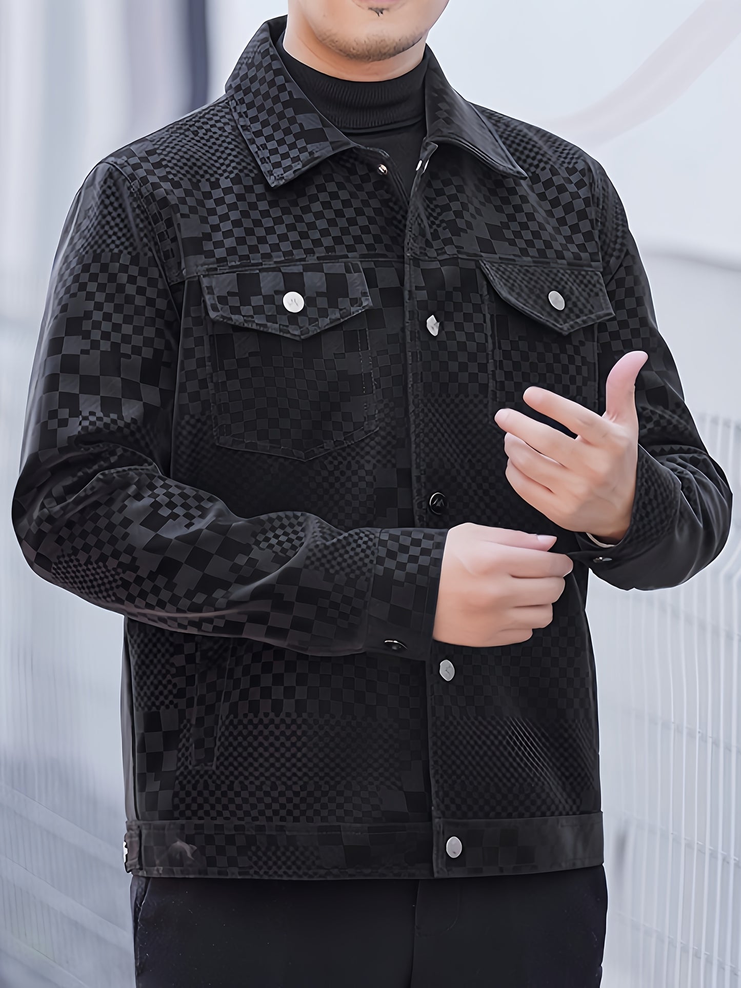 Men’s Checkered PU Coat – Black & Brown Houndstooth Street Jacket