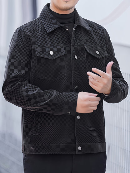 Men’s Checkered PU Coat – Black & Brown Houndstooth Street Jacket