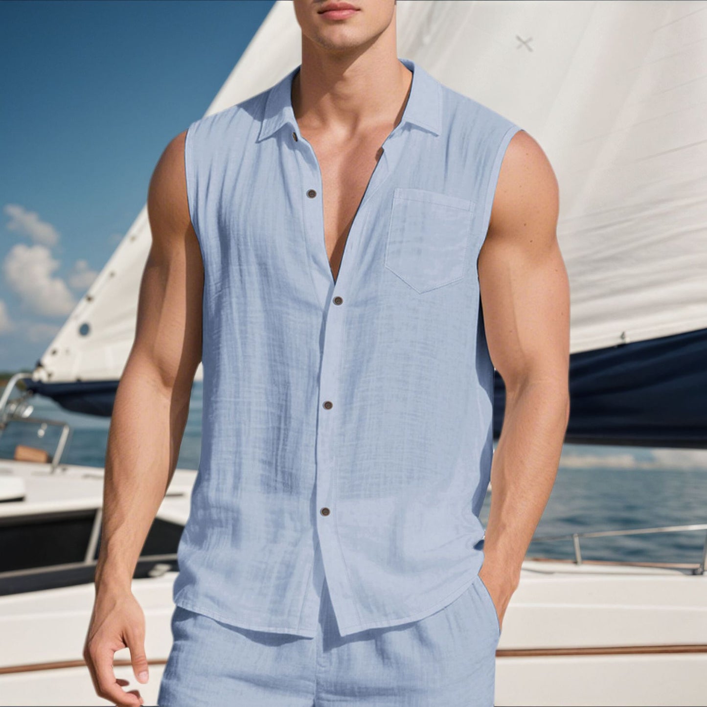 Men’s Linen Sleeveless Shirt – Open Lapel Summer Layer