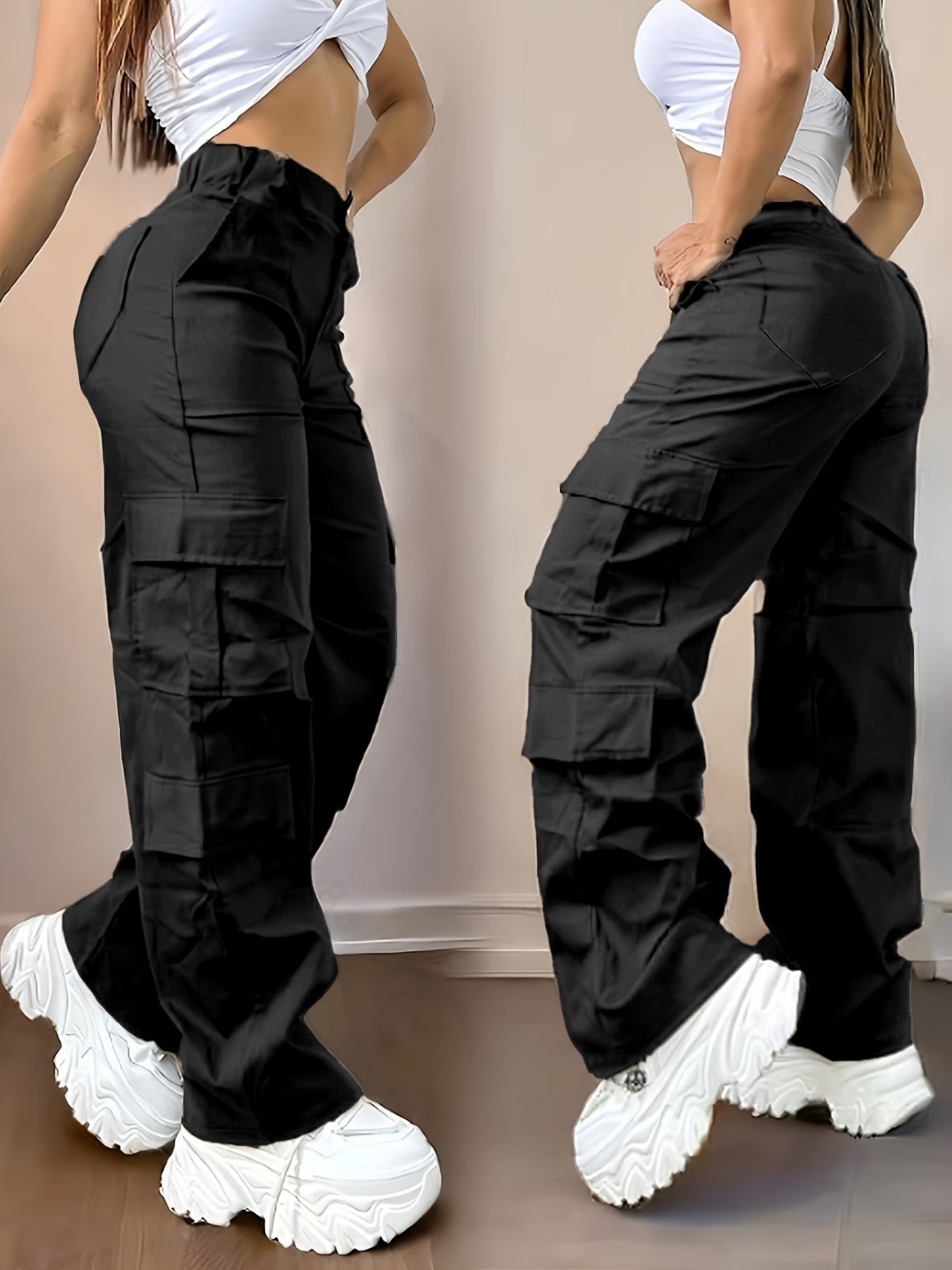 Pantalones cargo de cintura alta – Pierna ancha estilo urbano con múltiples bolsillos