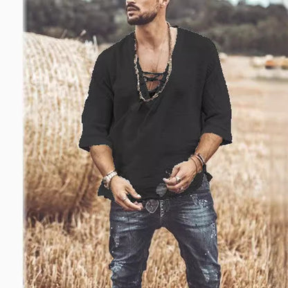 T-shirt ras du cou à lacets pour homme – Haut décontracté en coton à manches mi-longues