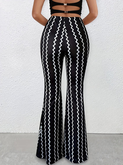Women’s Color Block Zigzag Flared Pants – Retro Knit Statement Trousers
