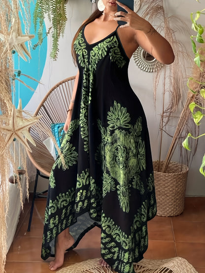 Bohemian Floral Maxi Dress – V-Neck Spaghetti Strap Summer Dress