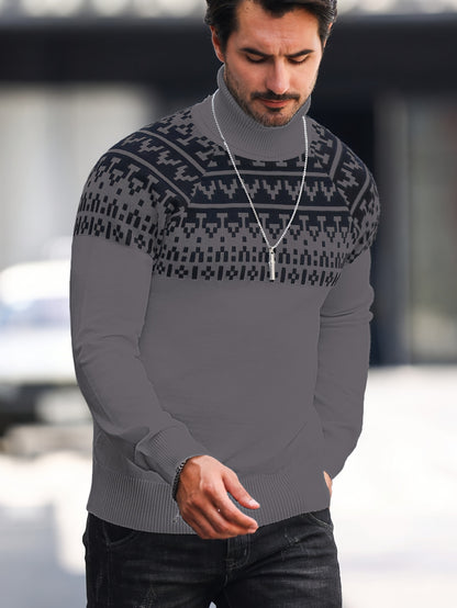 Suéter de cuello alto geométrico para hombre - Suéter informal de punto para otoño e invierno
