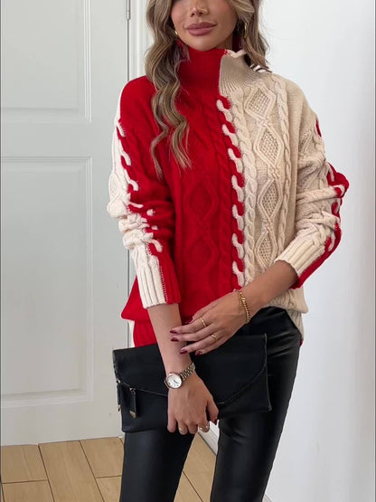 Elegant High-Neck Striped Blouse – Color-Block Knit Long Sleeve Top