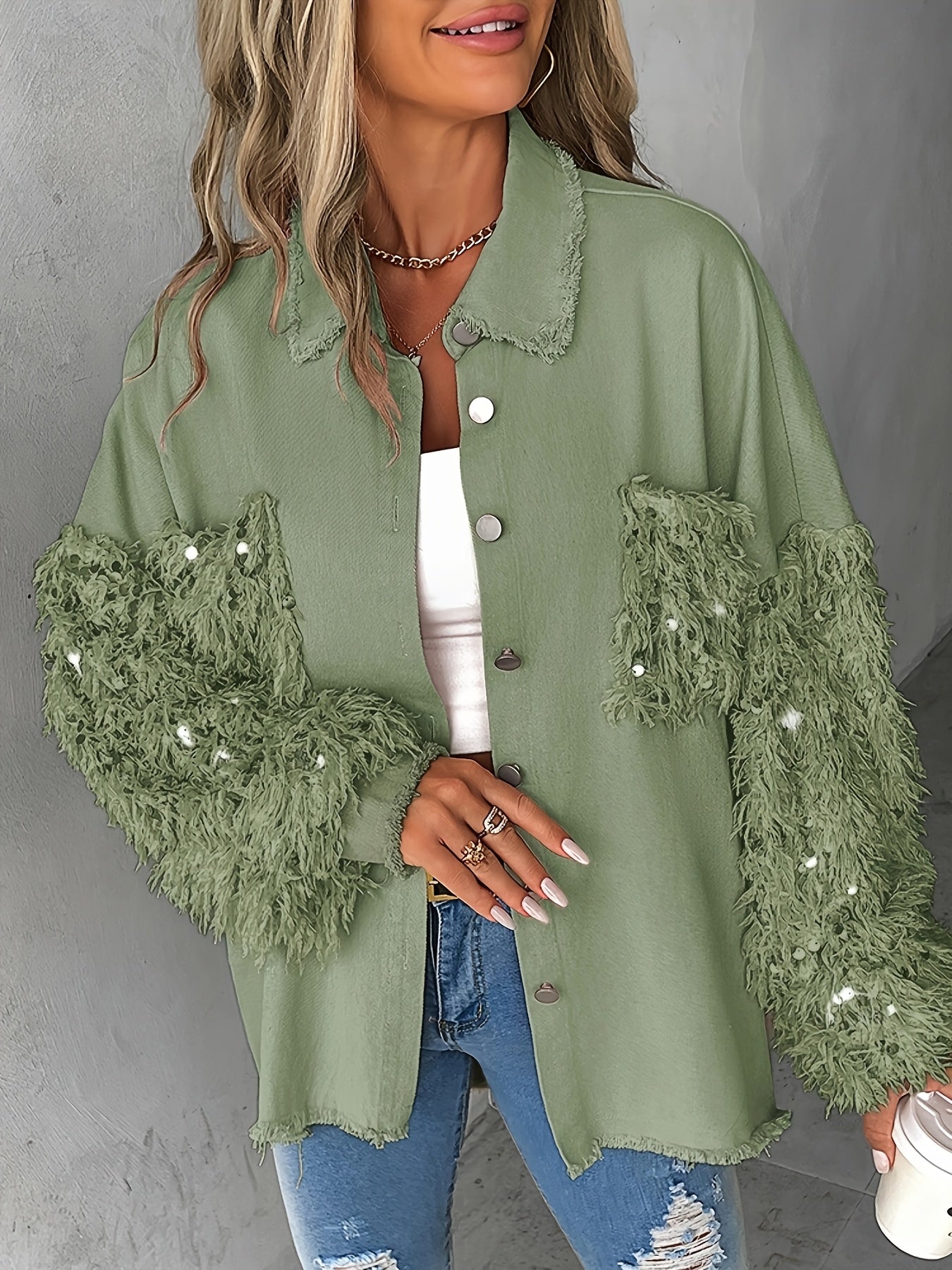 Women’s Sequin Tassel Patchwork Shacket – Fuzzy Contrast Long Sleeve Jacket