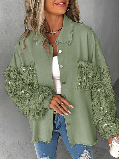 Women’s Sequin Tassel Patchwork Shacket – Fuzzy Contrast Long Sleeve Jacket