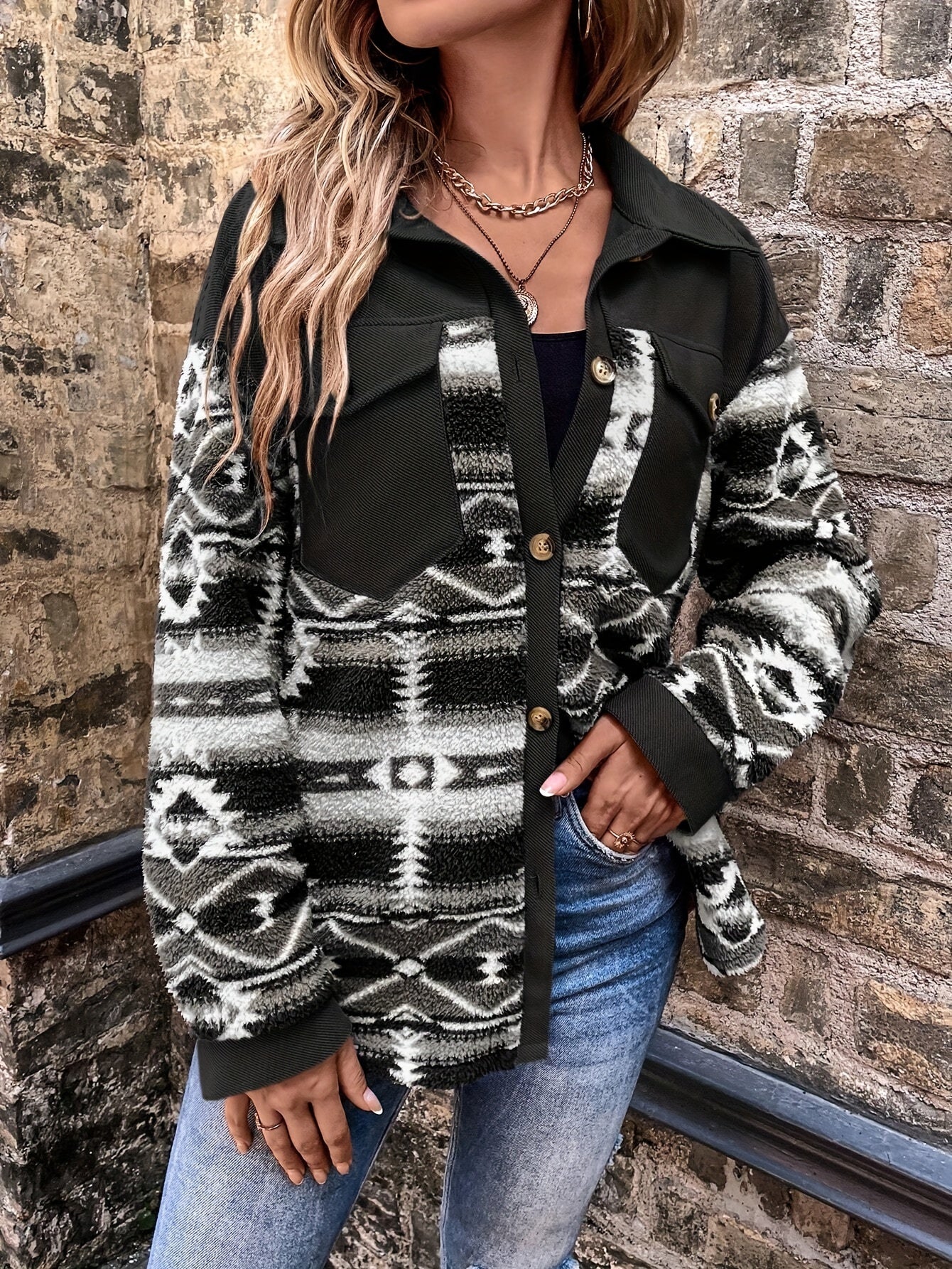 Women’s Geometric Fleece Jacket – Warm Color Block Winter Coat