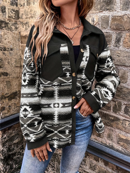 Women’s Geometric Fleece Jacket – Warm Color Block Winter Coat