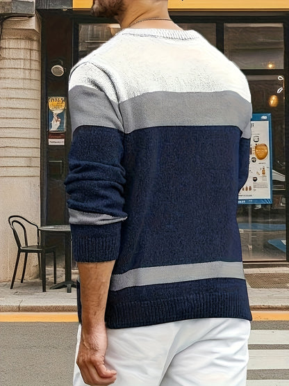 Men’s Color-Block Cable Knit Sweater – Soft Crew Neck Pullover