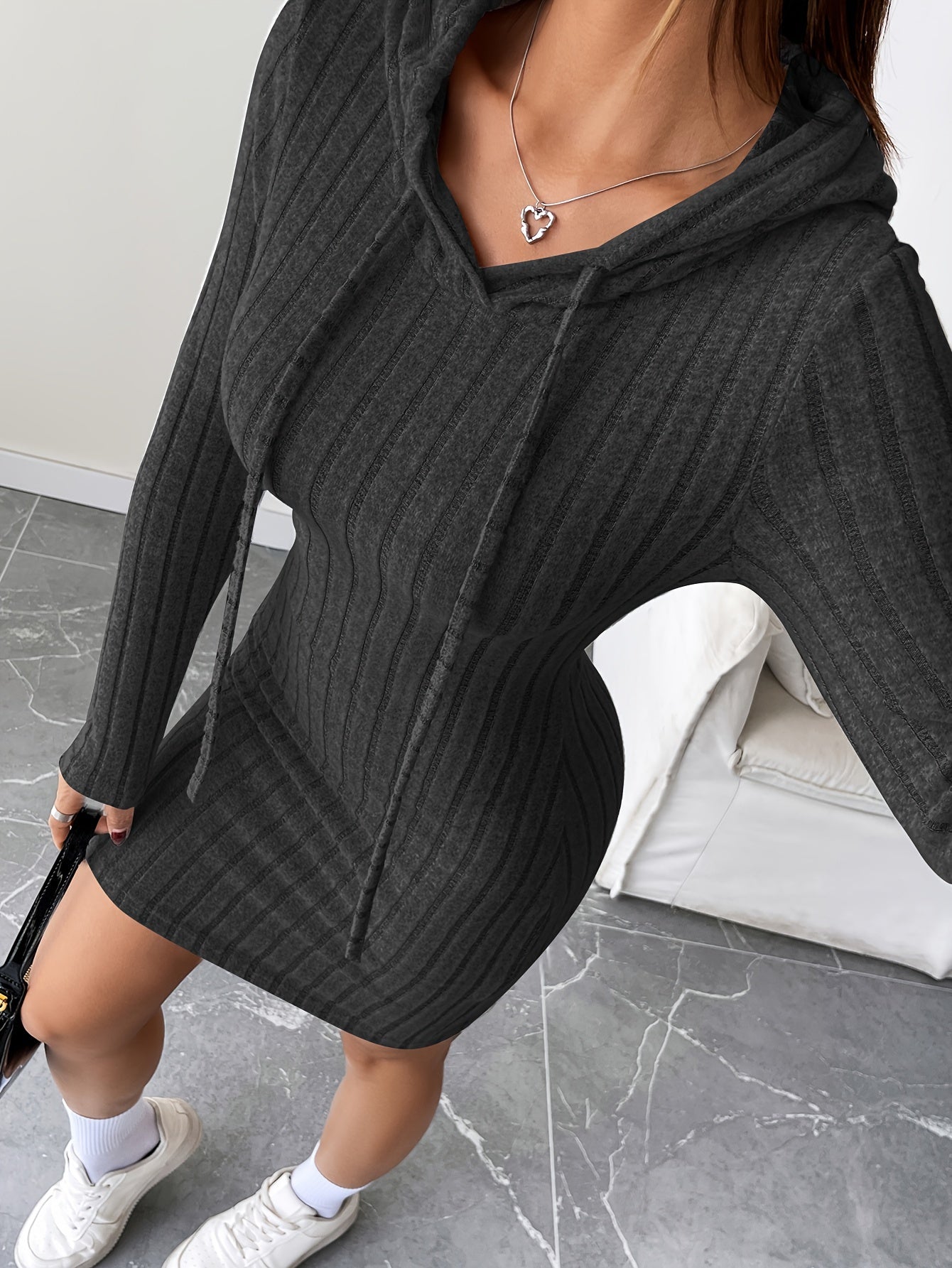 Women’s Ribbed Hooded Bodycon Dress – Drawstring Long Sleeve Pencil Fit