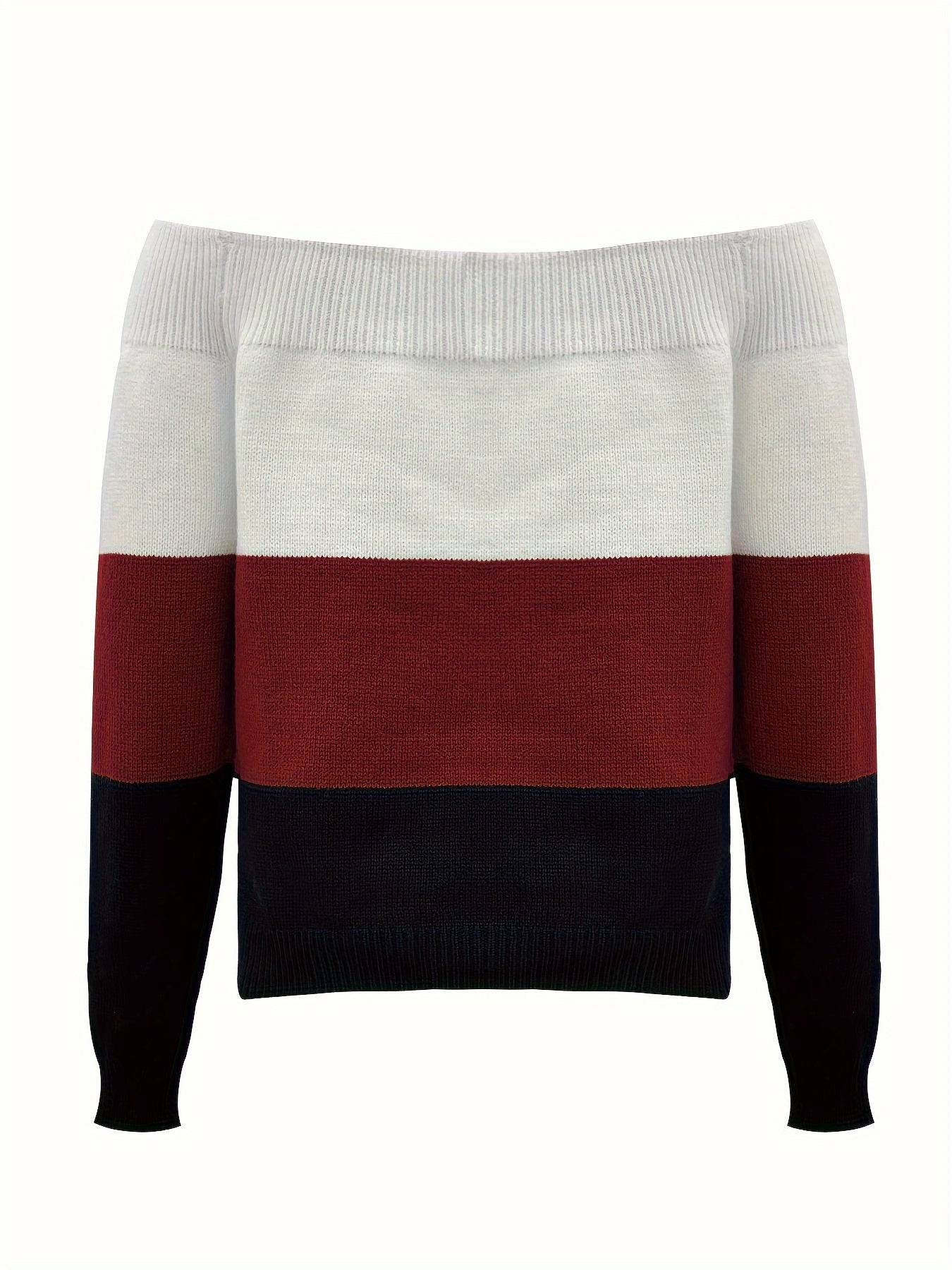 Women’s Off-Shoulder Color Block Sweater – Chic Fall Knit Pullover