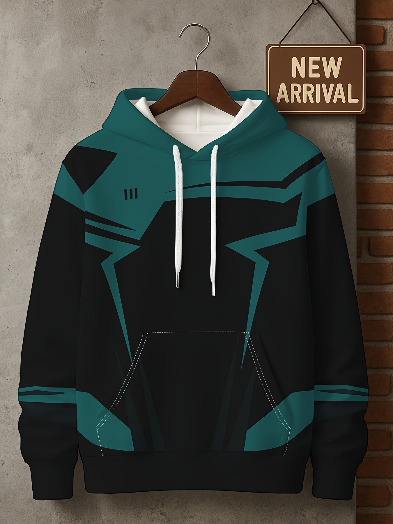 Men’s 3D D-Print Hoodie – Black & White Color-Block Street Pullover