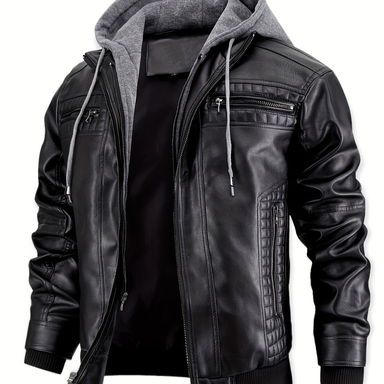 Chaqueta Bomber de Cuero Sintético para Hombre – Con Cremallera y Capucha Removible