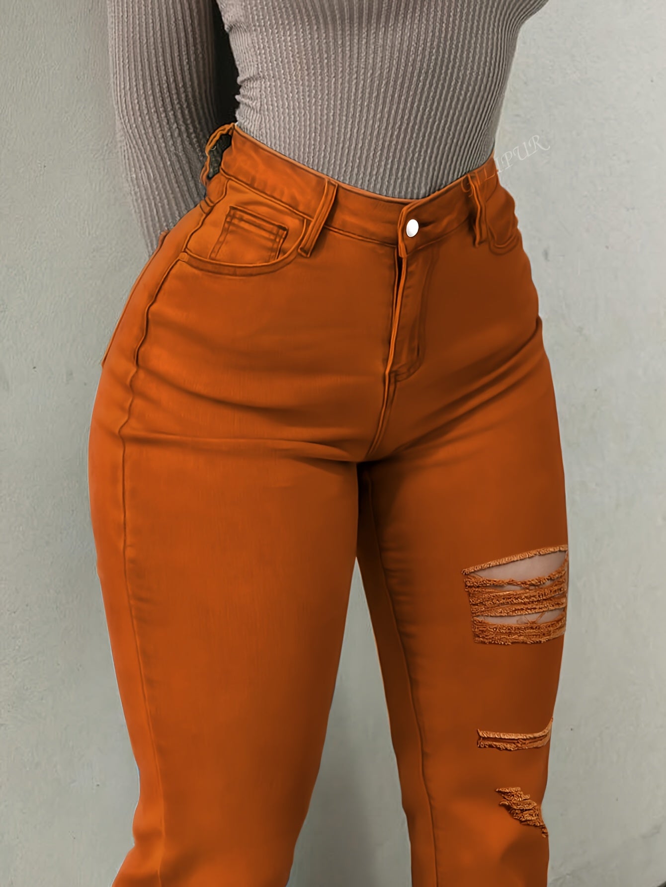 Women’s Vibrant Orange Distressed Flare Jeans – High-Waist Bootcut
