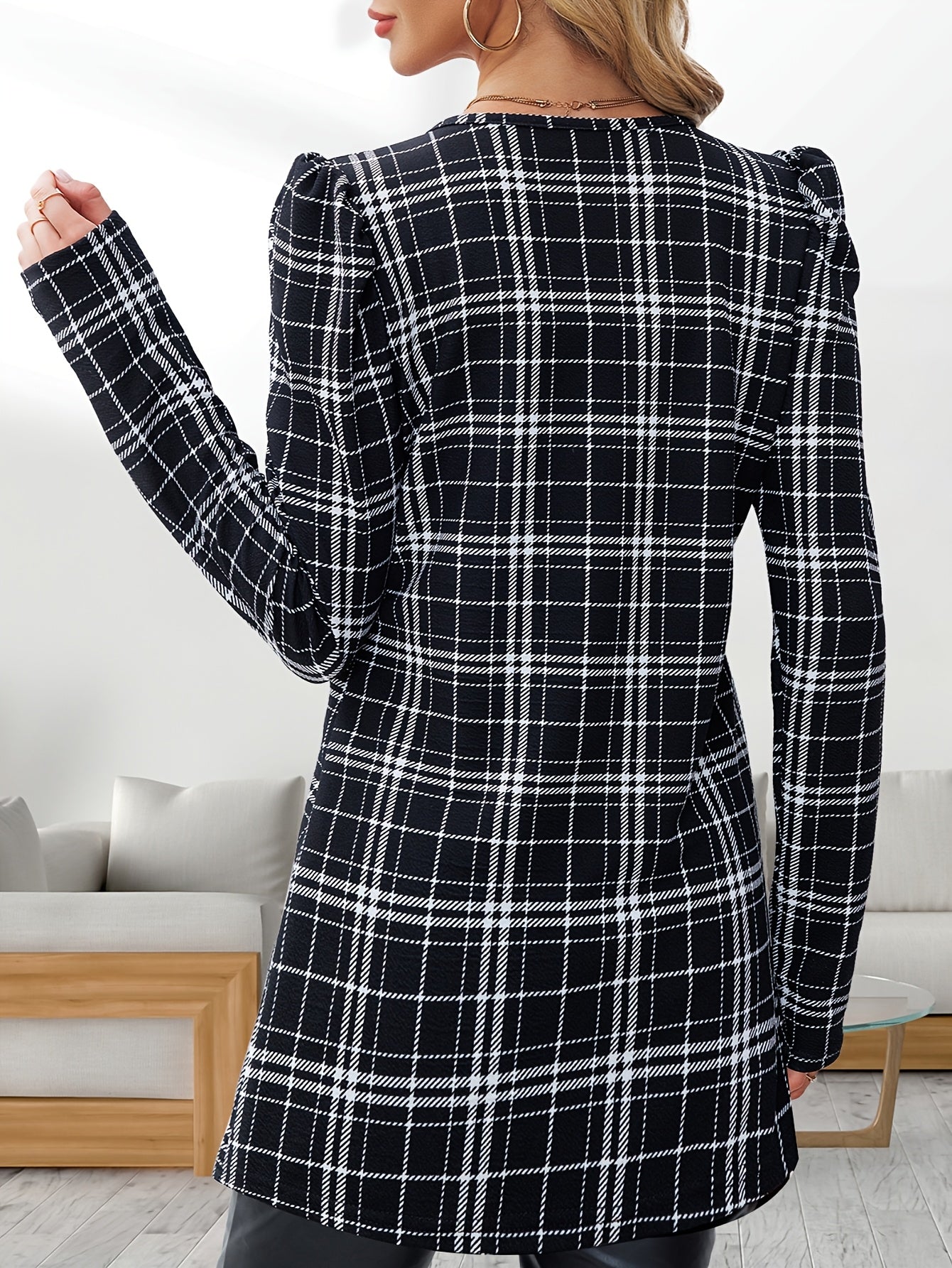 Women’s Houndstooth Cardigan – Elegant Puff-Sleeve Knit Jacket