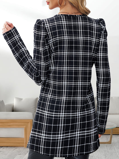 Women’s Houndstooth Cardigan – Elegant Puff-Sleeve Knit Jacket
