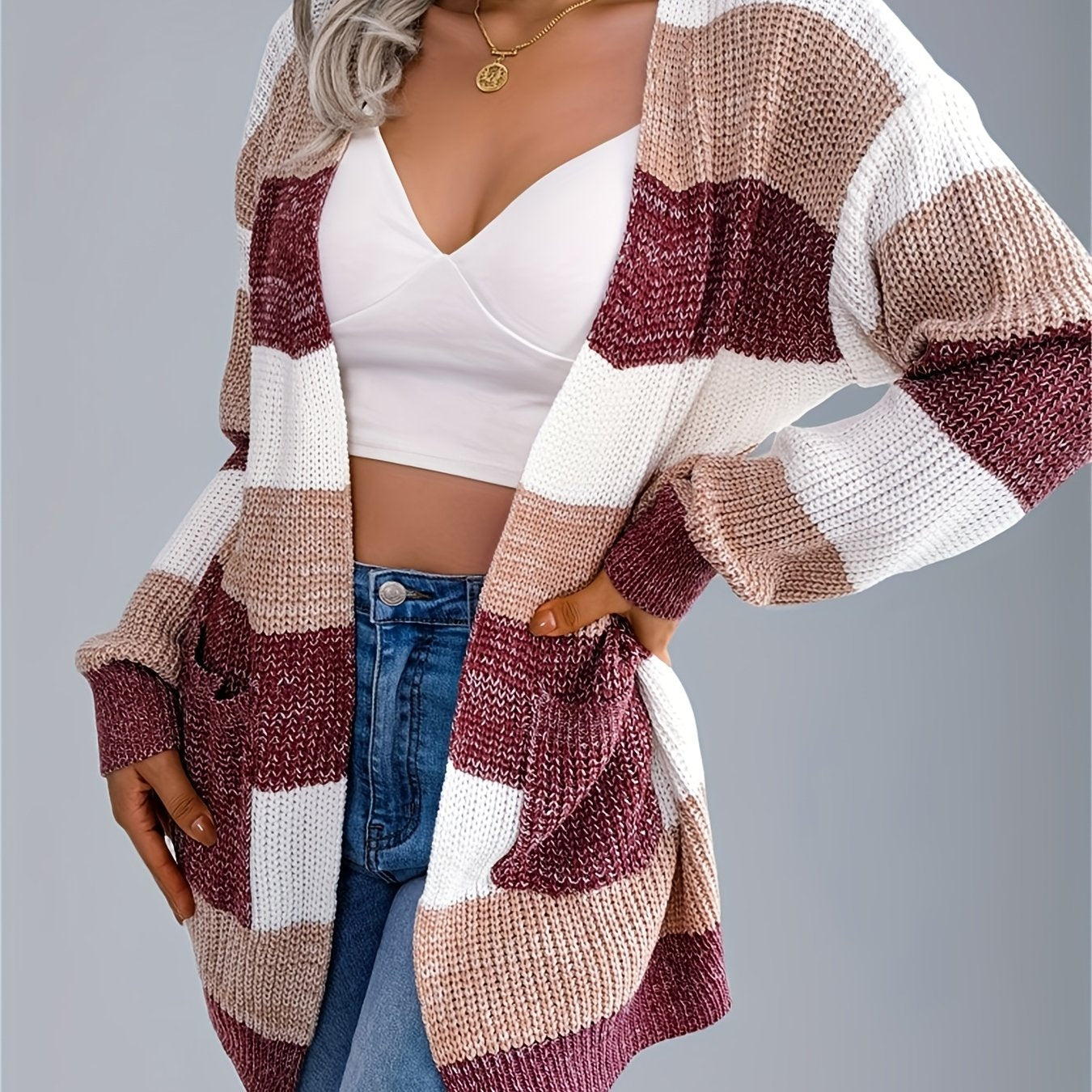 Women’s Color block Striped Cardigan – Puff Sleeve Winter Knit Sweater