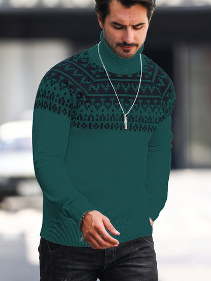 Suéter de cuello alto geométrico para hombre - Suéter informal de punto para otoño e invierno
