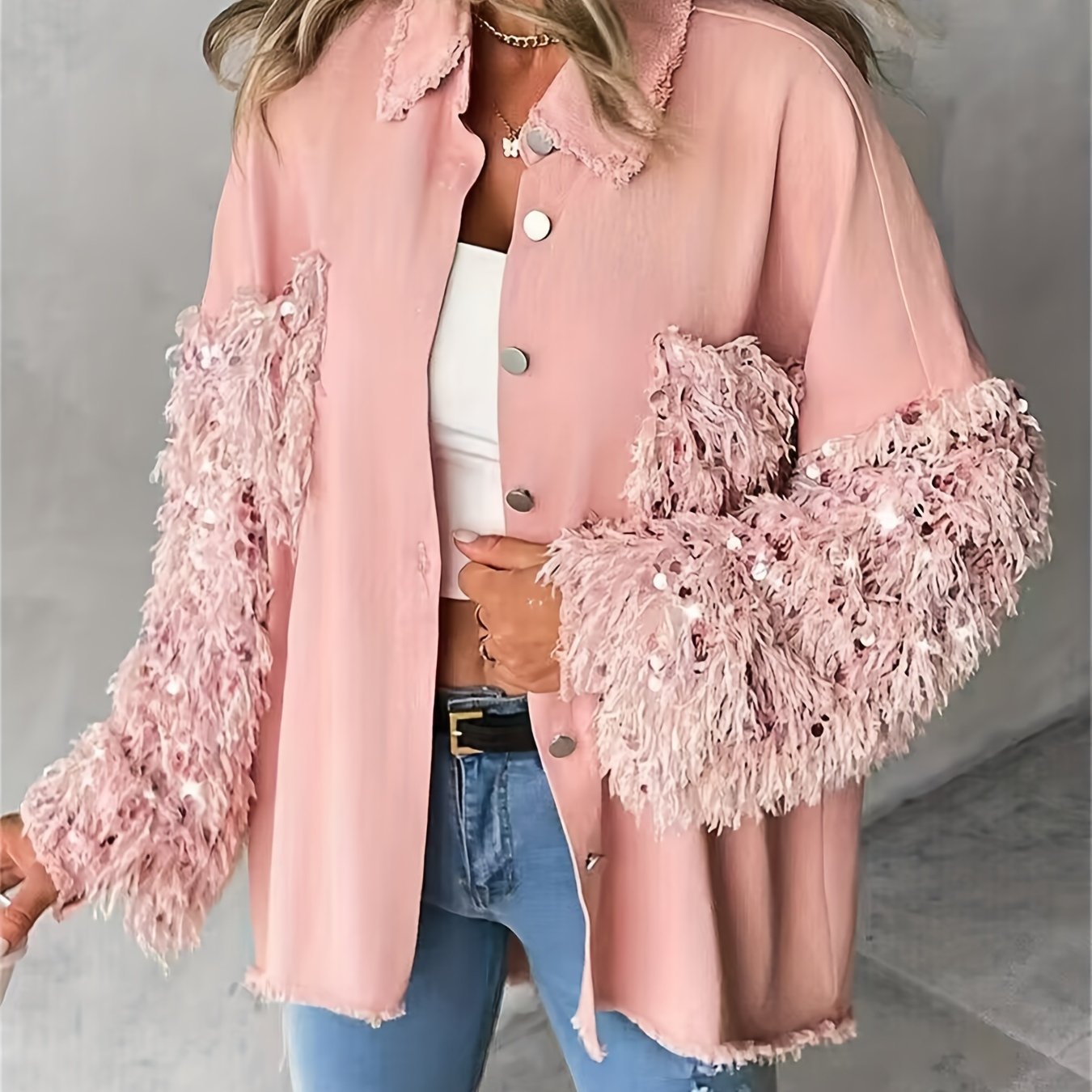 Women’s Sequin Tassel Patchwork Shacket – Fuzzy Contrast Long Sleeve Jacket