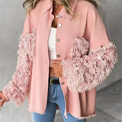 Women’s Sequin Tassel Patchwork Shacket – Fuzzy Contrast Long Sleeve Jacket