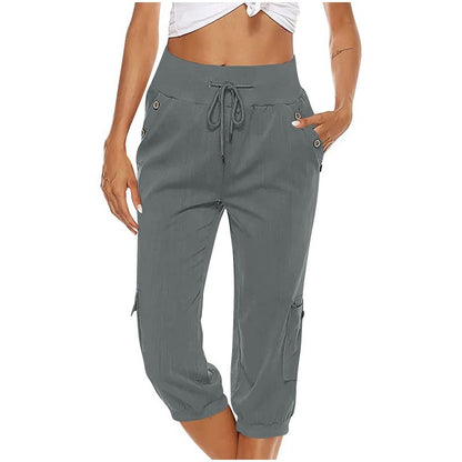 Loom & Soul™ Women’s Cropped Cargo Pants – Cotton Linen Blend with Pockets for Effortless Everyday Style