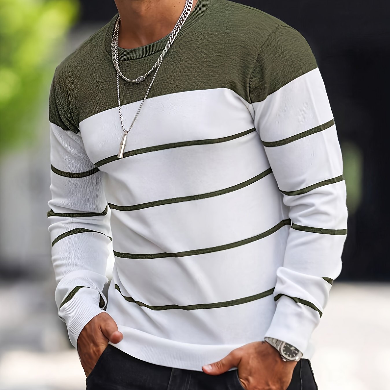 Pull tricoté rayé bleu marine pour homme – Col rond décontracté