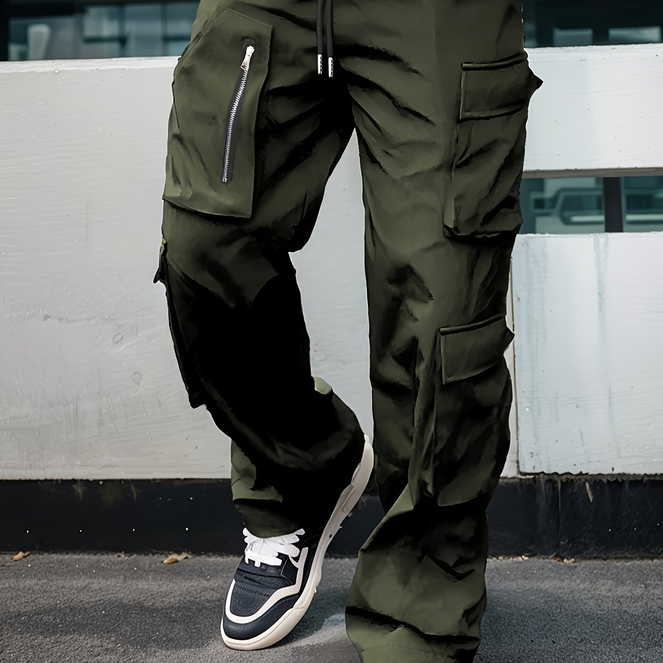 Men’s Green Cargo Pants – Loose Straight-Leg Elastic Waist Trousers