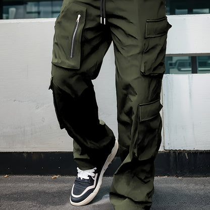 Men’s Green Cargo Pants – Loose Straight-Leg Elastic Waist Trousers