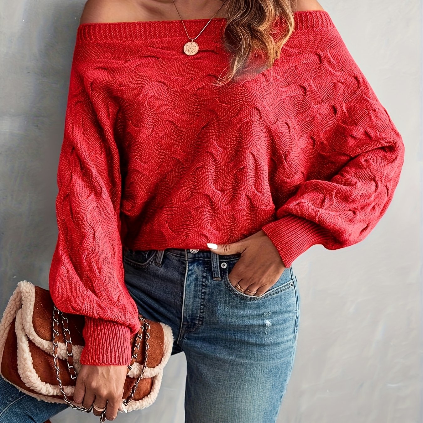 Women’s Off-Shoulder Batwing Sweater – Relaxed All-Season Knit