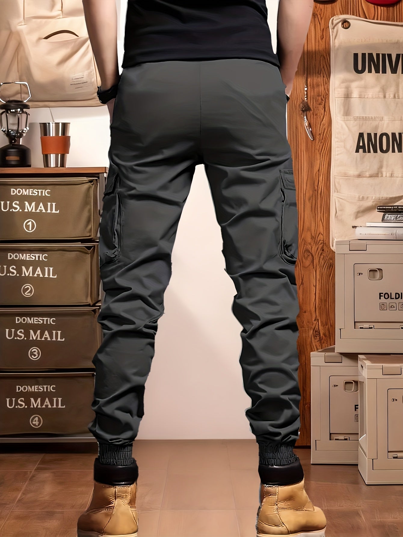 Men’s Olive Cargo Pants – Multi-Pocket Drawstring Utility Trousers