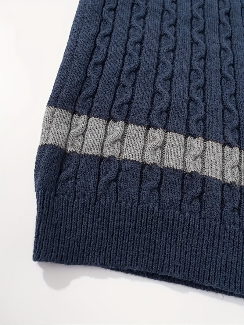 Men’s Color-Block Cable Knit Sweater – Soft Crew Neck Pullover