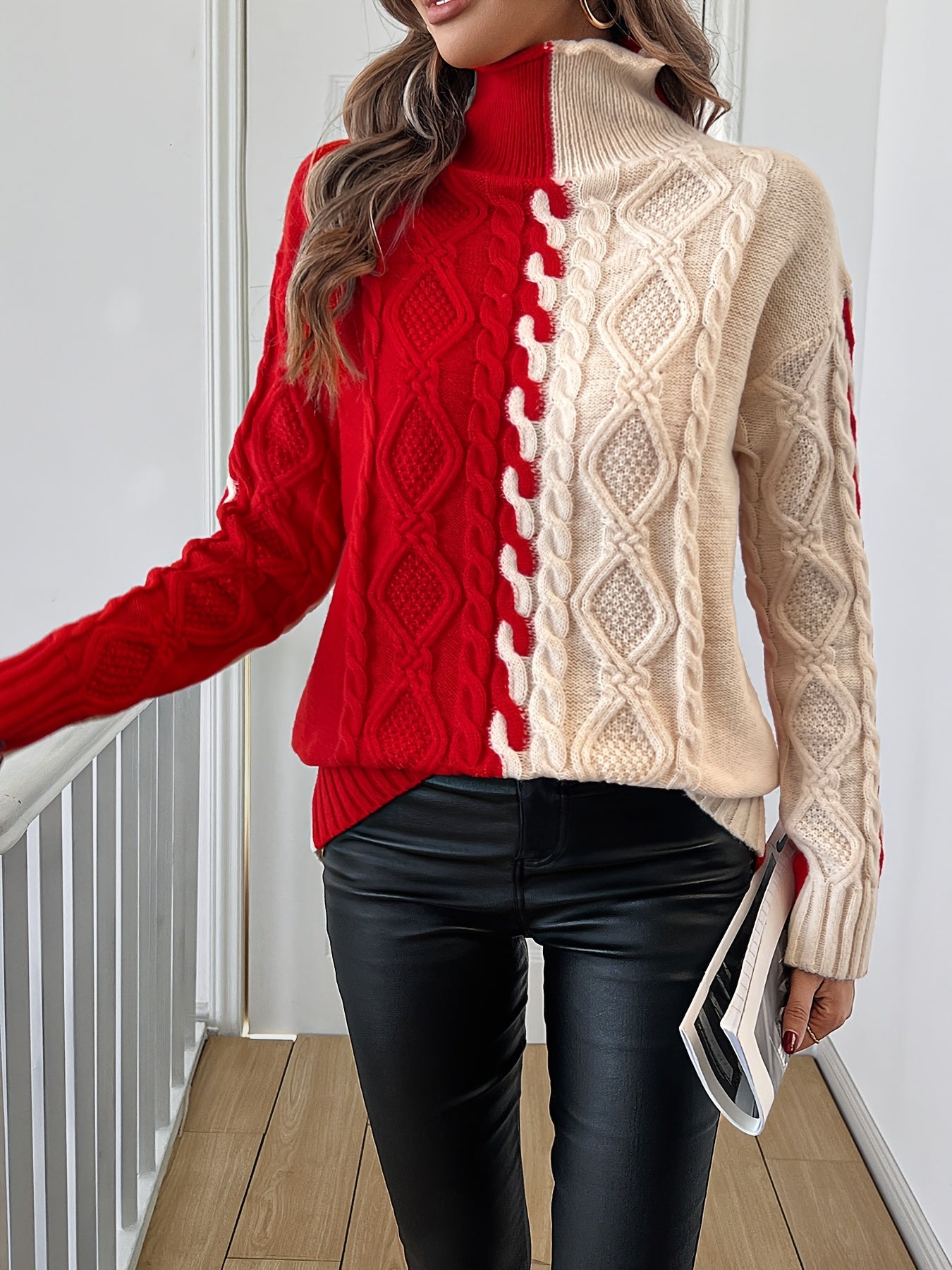 Elegant High-Neck Striped Blouse – Color-Block Knit Long Sleeve Top