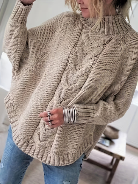 Vintage High-Neck Sweater – Flared Hem Loose Fit Ribbed Knit Pullover
