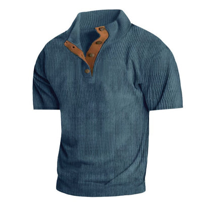 Men’s Corduroy Stand Collar Tee – Textured Casual Short Sleeve
