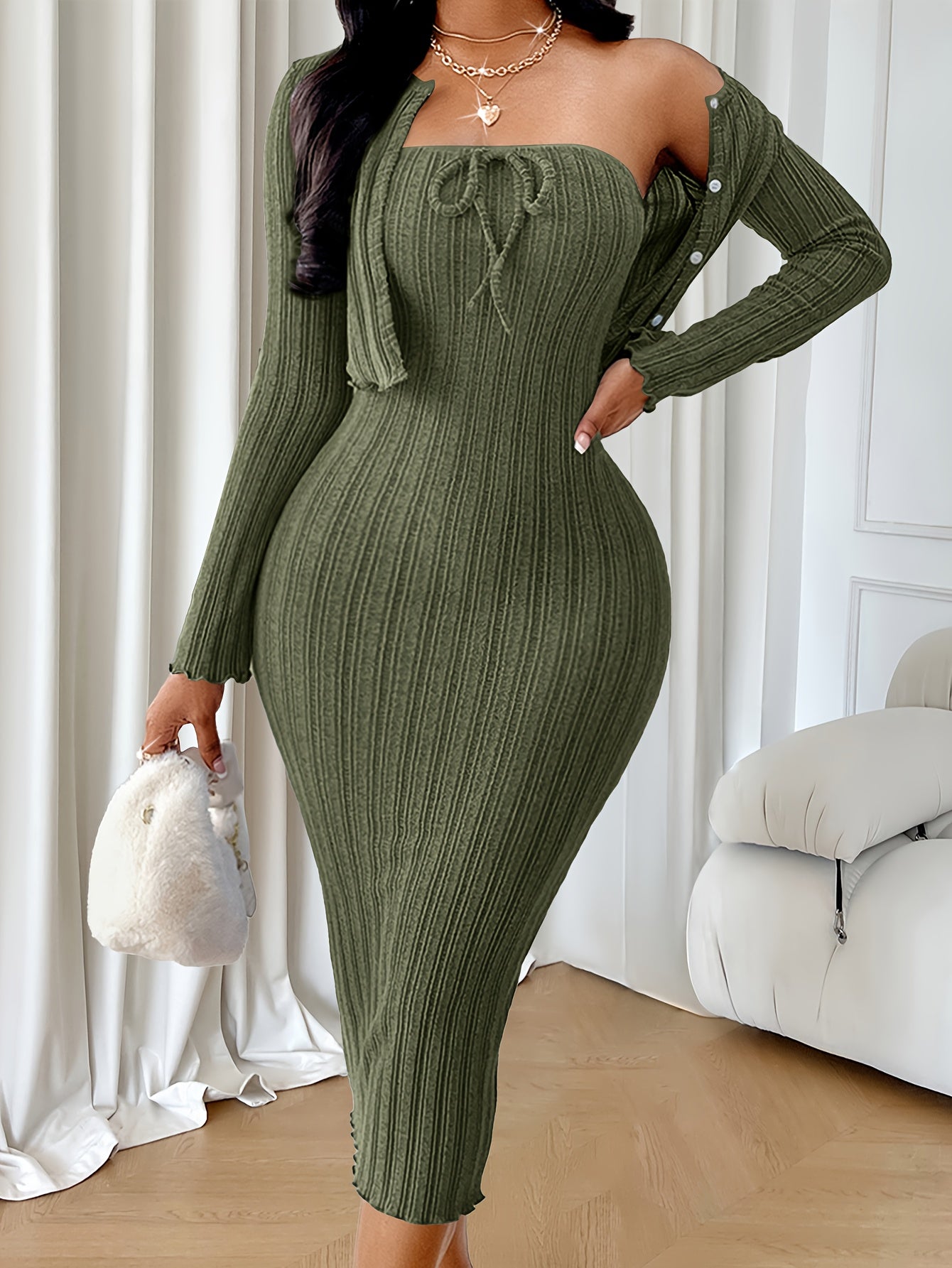 Women’s Two-Piece Bow-Tie Dress Set – Textured Dress & Short Jacket