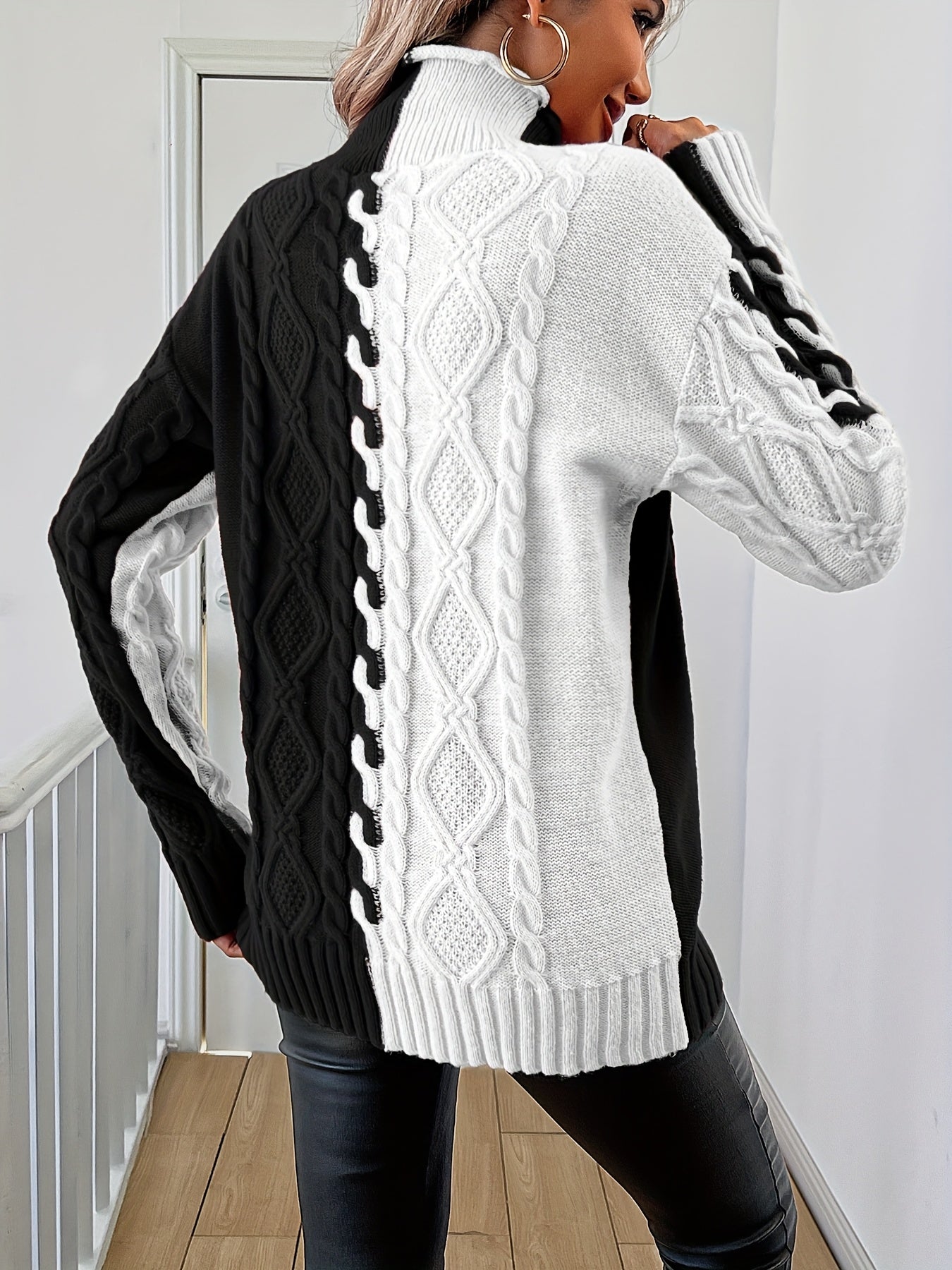 Elegant High-Neck Striped Blouse – Color-Block Knit Long Sleeve Top