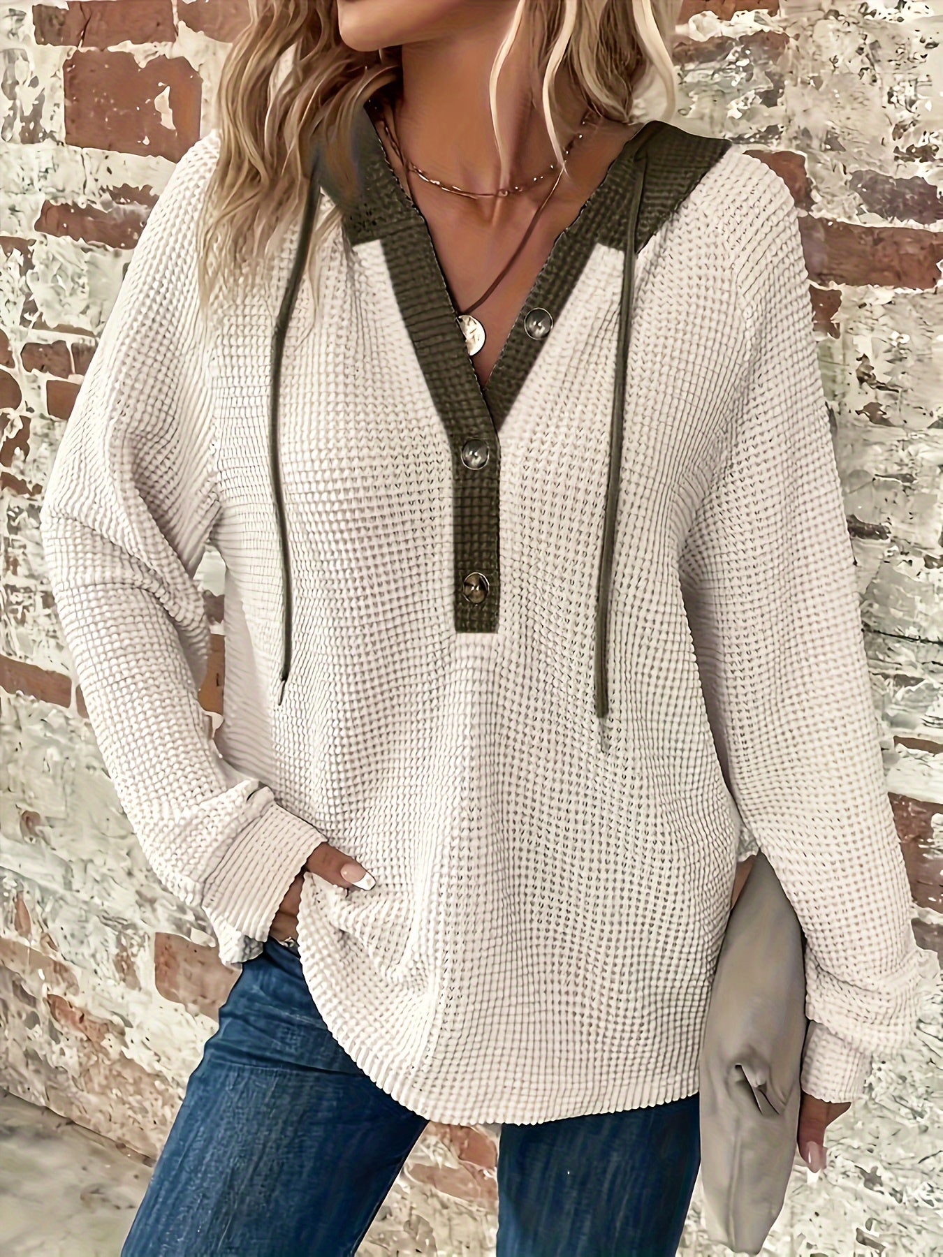 Women’s Color Block Hoodie – Button-Front Drawstring Casual Sweatshirt