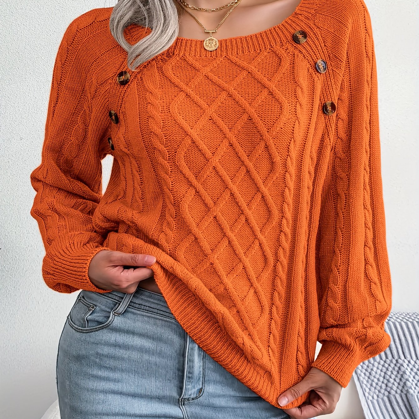 Women’s Textured Lantern Sleeve Sweater – Button Detail Knit Top
