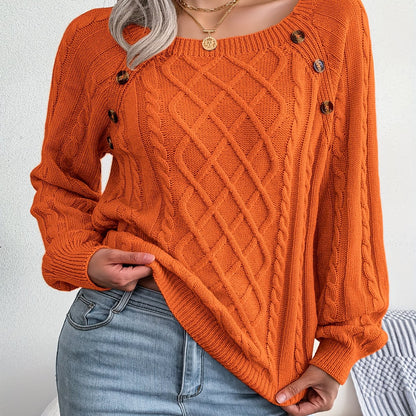 Women’s Textured Lantern Sleeve Sweater – Button Detail Knit Top