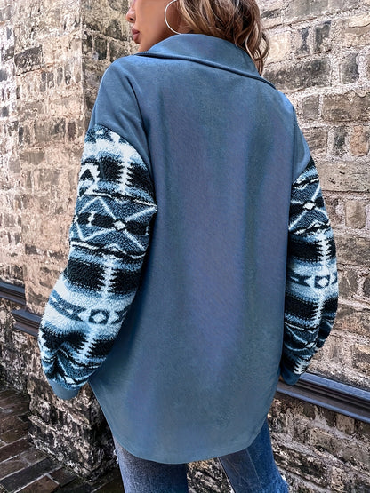 Women’s Geometric Fleece Jacket – Warm Color Block Winter Coat