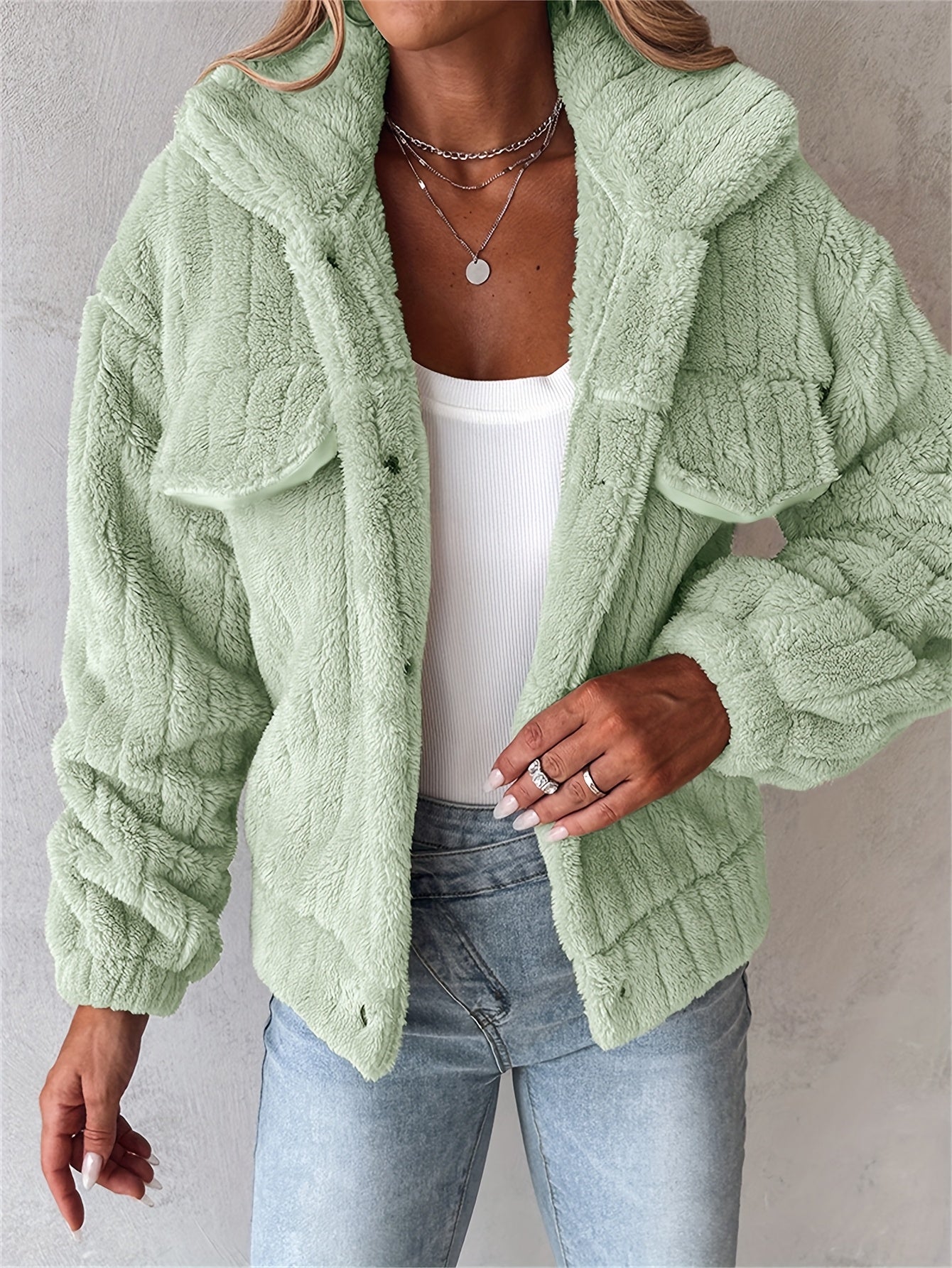 Women’s Soft Pink Plush Jacket – Button-Up Lapel Winter Cozy Outerwear
