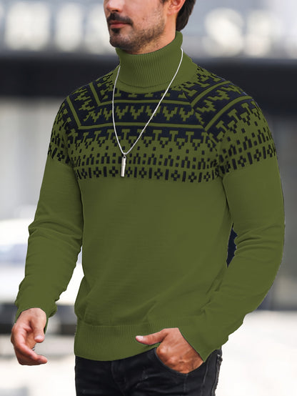 Suéter de cuello alto geométrico para hombre - Suéter informal de punto para otoño e invierno