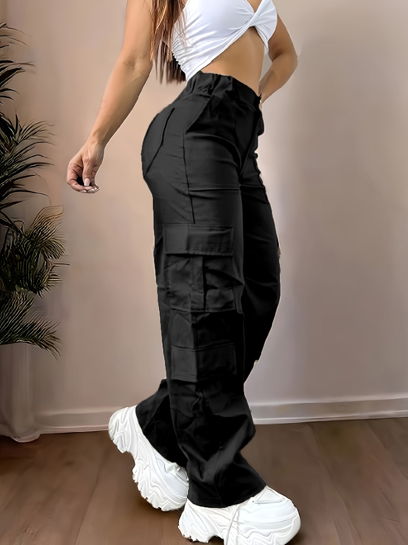 Pantalones cargo de cintura alta – Pierna ancha estilo urbano con múltiples bolsillos