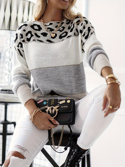 Women’s Leopard Patchwork Sweater – Pink & White Knit Crew Pullover