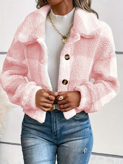 Women’s Plaid Teddy Coat – Warm Button-Up Long Sleeve Winter Outerwear